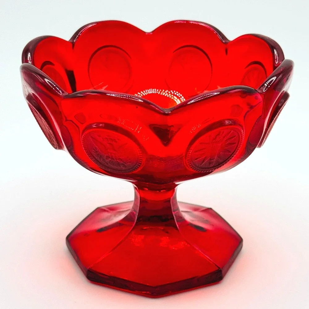 Fostoria Coin Glass Ruby Red Footed Compote Candy Dish UV Reactive Vintage